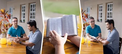 Collage: A brother giving loving counsel to a brother who is upset. 1. A brother patiently listens to an upset brother as he expresses himself while they sit at an outdoor table with some refreshments. 2. The brother who is listening opens a Bible. 3. The brother lovingly shares counsel from the Bible as the other brother calmly listens.