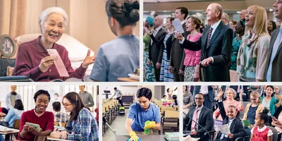 Collage: Ways we can praise Jehovah. 1. An elderly sister witnesses to a caregiver. 2. Brothers and sisters sing at a meeting. 3. A young boy raises his hand to comment during a congregation meeting. 4. A young brother helps clean the Kingdom Hall. 5. A young sister witnesses to a classmate.