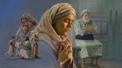 Collage: 1. Hannah mournfully looks away while Elkanah plays with two of his children. 2. Peninnah smiles as she cradles her newborn baby. 3. Hannah cries while she prays intensely. 4. High Priest Eli sits with his arms crossed and glares at Hannah.