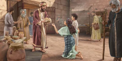 Job offering food to a poor woman and her son at the city gate.