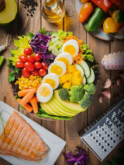 A variety of healthful foods on a table.
