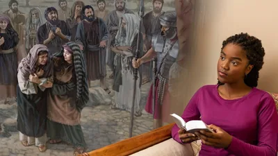 A young sister meditating on what she is reading in the Bible. She visualizes Mary Magdalene comforting Jesus’ mother, Mary, as Jesus hangs on a torture stake.