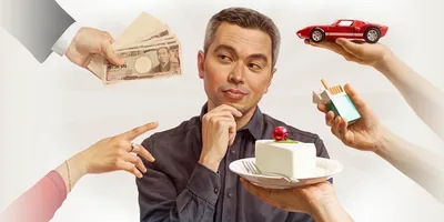 A man is tempted by a sports car, cigarettes, food, a woman, and money