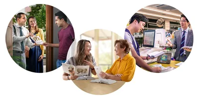 Collage: 1. A couple offers the “Enjoy Life Forever!” brochure to a man at his home. 2. A sister uses the brochure to conduct a Bible study with a woman. 3. A brother uses the “Enjoy Life Forever!” book to conduct a Bible study with a cashier.