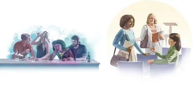 Collage: 1. An unhappy young woman sits close to her boyfriend. She drinks and smokes with her friends in a nightclub. 2. The same woman happily talks to sisters at a Kingdom Hall.