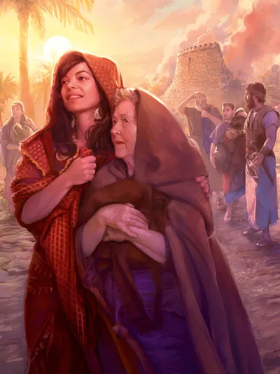 Rahab holding on to an older family member as they walk away from the destroyed city of Jericho. Other family members follow her.