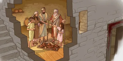 An Israelite family standing and eating the Passover meal before leaving Egypt.