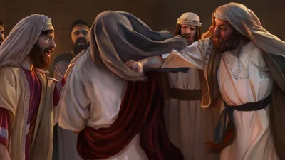 Jesus with his face covered, surrounded by religious leaders. One of the leaders is punching him while the other leaders mock him.