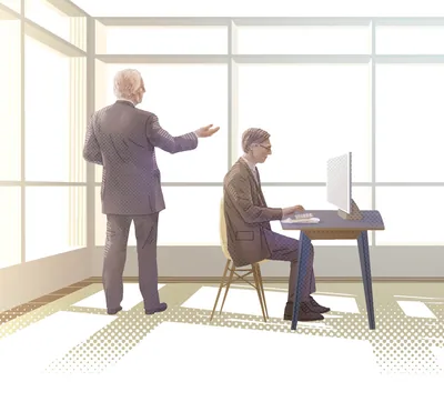 An employer dictating his thoughts to his secretary, and the secretary typing those thoughts into a letter.