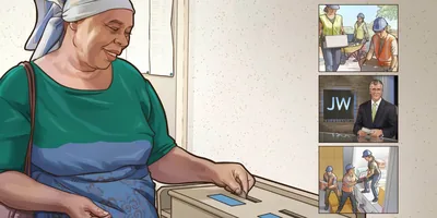 An older sister putting a donation into a contribution box at the Kingdom Hall. Collage: 1. Brothers and sisters assist with a construction project. 2. A JW Broadcasting® program. 3. Brothers and sisters unload relief supplies from a truck.