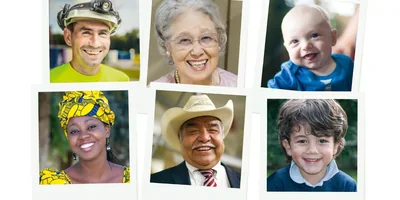 People of various ages and races smile broadly