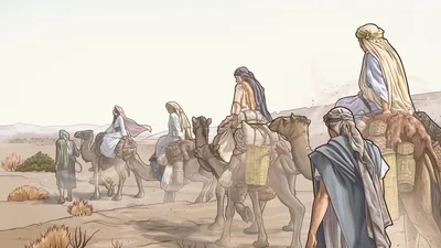 The queen of Sheba and her camel train journeying to see King Solomon.