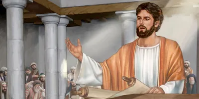 Jesus stands in the synagogue and reads from the scroll of Isaiah