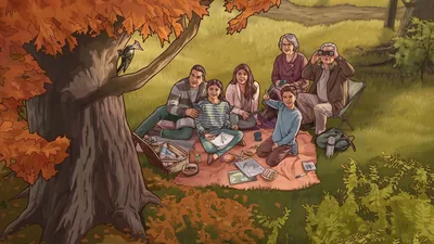 A family enjoying time together outdoors with an elderly couple. They watch a bird on a nearby tree.