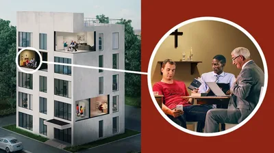 Two brothers conducting a Bible study with a young man who is not paying attention to the study.