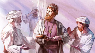 King Uzziah holding a censer as the chief priest and other priests try to stop him.