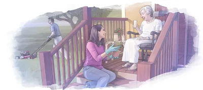 An older woman sits on a porch while younger people care for her yard