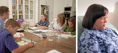 Scenes from the video “Pray Intensely for Those Enduring Trials.” 1. The Wilson family studies the activity “Become Jehovah’s Friend​—Pray for Others.” 2. Glynis prays.