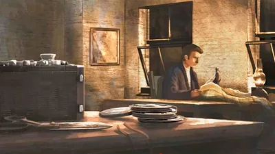 A scene from the video “Our History in Motion​—The Gift of Song, Part 2.” Late at night, a brother in Siberia conceals in the lining of a jacket a recording of brothers and sisters singing.