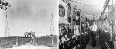 Left: Transmission towers of WORD at Batavia, Illinois Right: Ralph Leffler working at the radio station