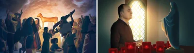 Collage: 1. Israelites worship a statue of a golden calf at the foot of Mount Sinai. 2. A man holding a rosary prays in front of a statue of the virgin Mary.