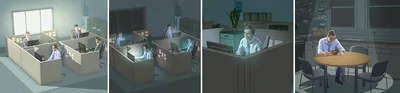 Collage: A man making his secular work a priority. 1. He works in an office during the day. 2. He stays at work in the evening. 3. He continues to work after his coworkers have gone home. 4. He eats supper alone at home.