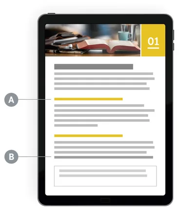 Labels indicating features A and B in the first part of a lesson.