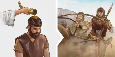 Collage: 1. Jehu is being anointed by having oil poured on his head. 2. Jehu, armed for battle, assertively drives a chariot.