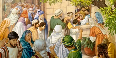 Large crowds gather around the house where Jesus is staying