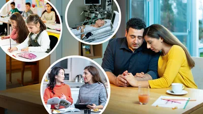 A husband praying with his wife. Collage: 1. Their daughter sits in a classroom. 2. An elderly man lies in a hospital bed. 3. The wife conducts a Bible study with a woman.