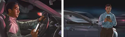 Collage: 1. A brother texts while driving. 2. The same brother texts while standing next to his parked car.
