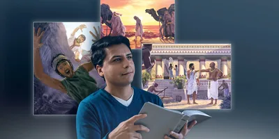 Collage: A young brother imagining what he read in the Bible about Joseph. 1. Joseph falling into a dried-out waterpit. 2. Joseph walking with a Midianite caravan on its way to Egypt. 3. Potiphar’s wife watching from a distance as Joseph talks with her husband.