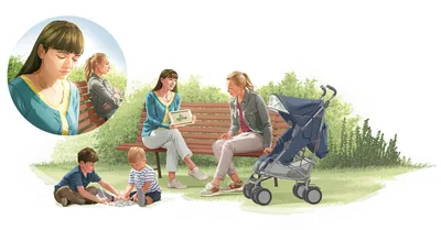 Collage: A female Bible student preaching to a woman sitting on a park bench. 1. The Bible student prays. 2. She shares a point from the Bible with the woman.