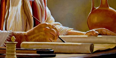 A Bible writer writing on a scroll.