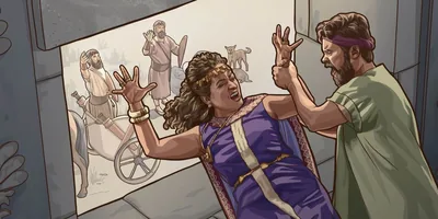 Jehu on his chariot, telling a court official to throw Jezebel out of her upstairs window.