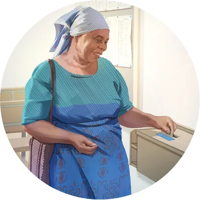 An elderly sister putting her donation into a contribution box.