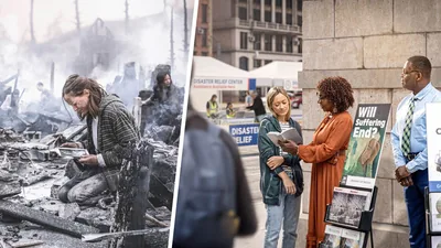Collage: 1. A distraught woman holds in her hands a framed photo after she sifts through debris from a wildfire. 2. Later, the woman stops by a public witnessing cart that is located near a disaster relief center and listens to a sister read a scripture.