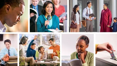 Collage: Acts of worship. 1. A brother prays. 2. A sister comments at a congregation meeting. 3. A couple work together in the field ministry. 4. A brother cleans the Kingdom Hall. 5. A brother conducts family worship with his wife and two children. 6. A sister reads her Bible. 7. A sister places a donation in a contribution box.
