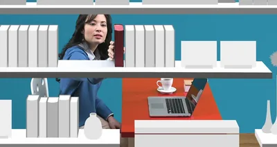 A woman pulling a Bible off a bookshelf.