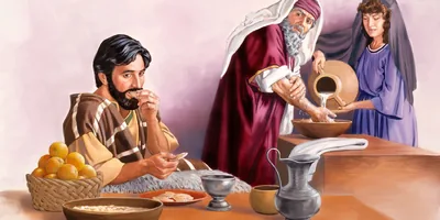 A Pharisee washes his hands up to the elbow and looks critically at a man who has already started eating