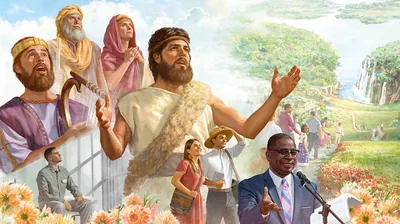 Collage: Many look forward to living forever on earth. 1. King David. 2. A brother in prison. 3. Abraham. 4. Sarah. 5. John the Baptist. 6. A married couple. 7. People from various age groups. 8. A brother holding an open Bible.