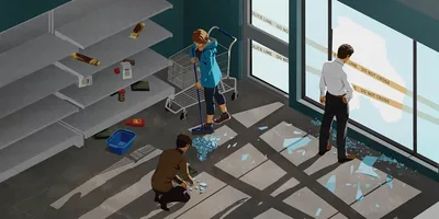 The owner of a looted store, staring out a broken window while employees clean up the broken glass.