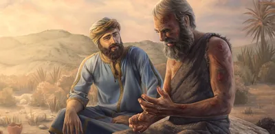 Elihu listening empathetically to Job, who is covered in boils.