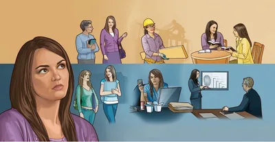 Collage: A young sister imagining two contrasting life courses. 1. She spends time with a non-Witness friend as they go to class; she spends time with an older sister in the ministry. 2. She works late into the night at her secular job; she happily works on a theocratic construction project. 3. She gives a presentation at work; she conducts a Bible study with a woman.