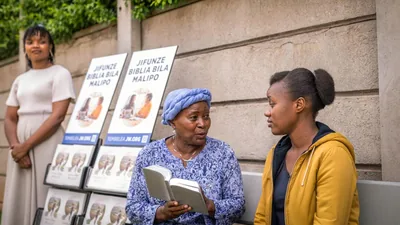 An older sister participating in cart witnessing. She shares a scripture with a young woman who has tears streaming down her face.
