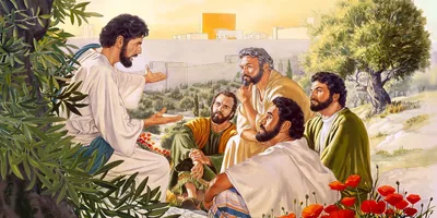 Jesus talks with Peter, Andrew, James, and John