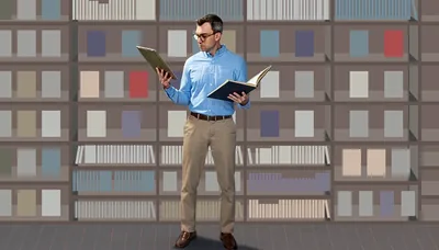 The same man looks at one book he has chosen from the bookshelves and compares it with what he has found on his electronic device