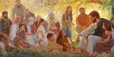 Parents and their children listening to Jesus as he teaches them.