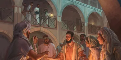In the courtyard of Caiaphas’ house, Peter denies knowing Jesus