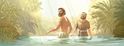 Jesus and John the Baptist standing in water and listening to a voice from heaven immediately after Jesus’ baptism.
